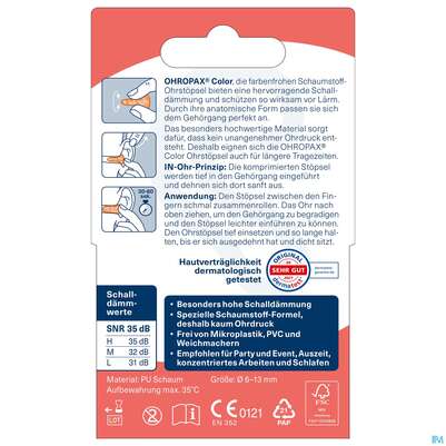 Sie sehen eine Packung Ohrenschutz Ohropax Schaumstoffstoepsel Color Plux 8st, Produktbild: 06 Ohrenschutz Ohropax Schaumstoffstoepsel Color Plux 8st, A-Nr.: 2281351 - 06