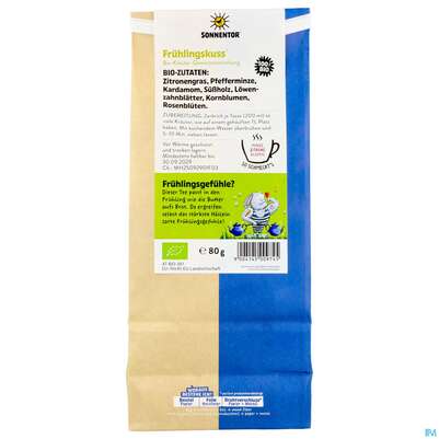 Sie sehen eine Packung Sonnentor Kraeutertee/bio Fruehlingskuss 00974 80g, Produktbild: 06 Sonnentor Kraeutertee/bio Fruehlingskuss 00974 80g, A-Nr.: 3291096 - 06