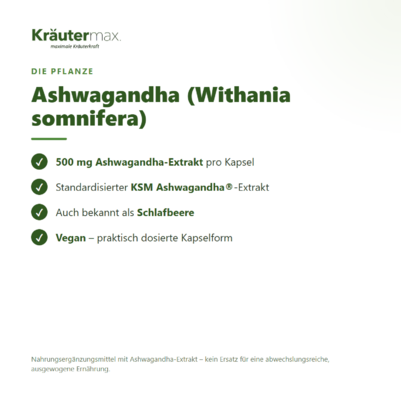 Sie sehen eine Packung Ashwagandha Kapseln 60 Stück, Produktbild: 02 Ashwagandha Kapseln 60 Stück, A-Nr.: 5208395 - 02