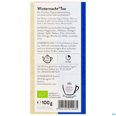 Sie sehen eine Packung Sonnentor Fruechtetee/bio Winternacht 01203 100g, Produktbild: 06 Sonnentor Fruechtetee/bio Winternacht 01203 100g, A-Nr.: 3574210 - 06