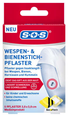Sie sehen eine Packung SOS Wespen&Bienenstich-Pflaster 5ST, Produktbild: 01 SOS Wespen&Bienenstich-Pflaster 5ST, A-Nr.: 6147431 - 01