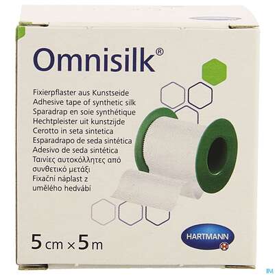 Sie sehen eine Packung Fixierpflaster Omnisilk 5mx 5cm 1st, Produktbild: 01 Fixierpflaster Omnisilk 5mx 5cm 1st, A-Nr.: 1566123 - 01