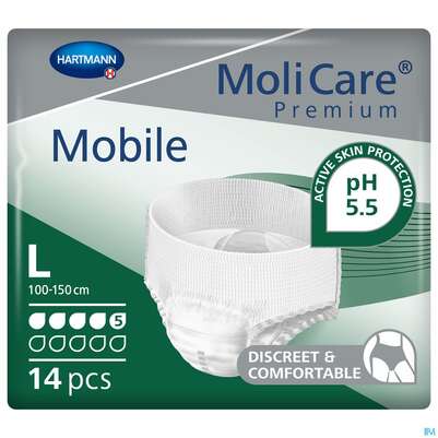 Sie sehen eine Packung Inkontinenz Molicare Premium/mobile/5 Tropfen Gruen L 100-150cm 14st, Produktbild: 01 Inkontinenz Molicare Premium/mobile/5 Tropfen Gruen L 100-150cm 14st, A-Nr.: 2724854 - 01