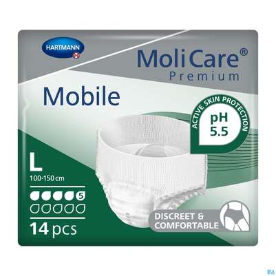 Sie sehen eine Packung Inkontinenz Molicare Premium/mobile/5 Tropfen Gruen L 100-150cm 14st, Produktbild: 02 Inkontinenz Molicare Premium/mobile/5 Tropfen Gruen L 100-150cm 14st, A-Nr.: 2724854 - 02