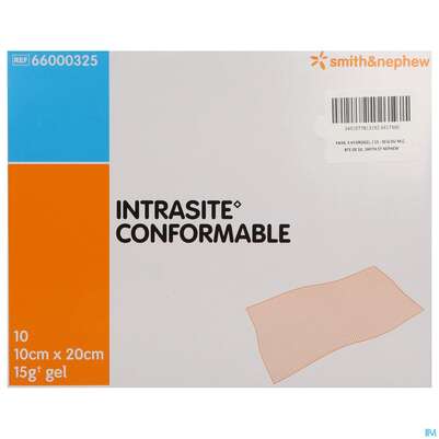 Sie sehen eine Packung Wundauflagen Intrasite Conformable Vlies +gel 10x 20cm 10st, Produktbild: 01 Wundauflagen Intrasite Conformable Vlies +gel 10x 20cm 10st, A-Nr.: 2705443 - 01