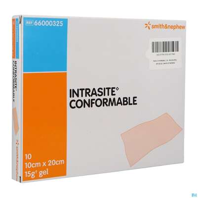 Sie sehen eine Packung Wundauflagen Intrasite Conformable Vlies +gel 10x 20cm 10st, Produktbild: 02 Wundauflagen Intrasite Conformable Vlies +gel 10x 20cm 10st, A-Nr.: 2705443 - 02
