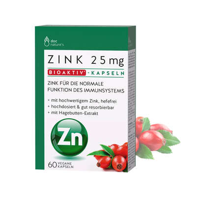 Sie sehen eine Packung doc nature‘s ZINK 25mg BIOAKTIV-KAPSELN, Produktbild: 02 doc nature‘s ZINK 25mg BIOAKTIV-KAPSELN, A-Nr.: 5423952 - 02