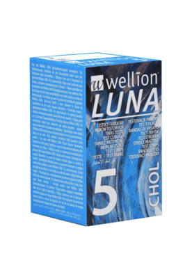 Sie sehen eine Packung Wellion LUNA Teststreifen Cholesterin, 5 Stk., Produktbild: 01 Wellion LUNA Teststreifen Cholesterin, 5 Stk., A-Nr.: 4097396 - 01