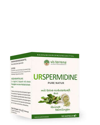 Sie sehen eine Packung vis terrena® URSPERMIDINE Kapseln, Produktbild: 01 vis terrena® URSPERMIDINE Kapseln, A-Nr.: 5226619 - 01