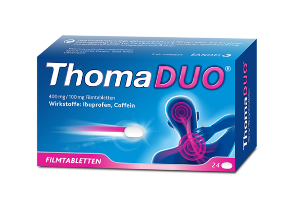 Sie sehen eine Packung ThomaDUO® 400 mg/100 mg Filmtabletten, Produktbild: 01 ThomaDUO® 400 mg/100 mg Filmtabletten, A-Nr.: 4480534 - 01