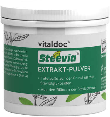 Sie sehen eine Packung vitaldoc® Steevia EXTRAKT-PULVER, Produktbild: 01 vitaldoc® Steevia EXTRAKT-PULVER, A-Nr.: 5619767 - 01