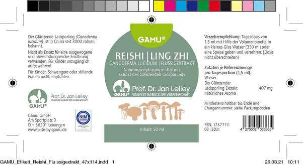 Sie sehen eine Packung Gamu Reishi Flüssigextrakt, Produktbild: 02 Gamu Reishi Flüssigextrakt, A-Nr.: 5600348 - 02
