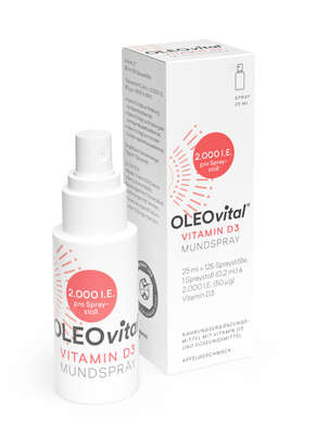 Sie sehen eine Packung OLEOvital® Vitamin D3 Mundspray 2000 IE, Produktbild: 01 OLEOvital® Vitamin D3 Mundspray 2000 IE, A-Nr.: 4768382 - 01