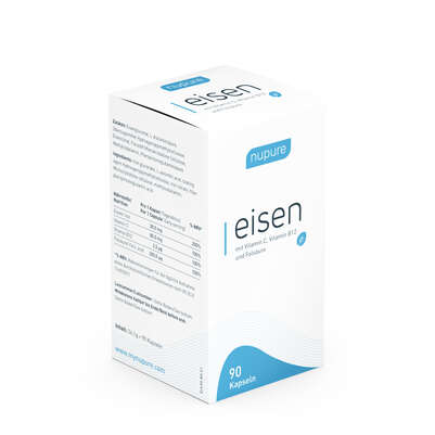 Sie sehen eine Packung Nupure Eisen plus Vitamin C + B12 + Folsäure, Produktbild: 01 Nupure Eisen plus Vitamin C + B12 + Folsäure, A-Nr.: 5778744 - 01