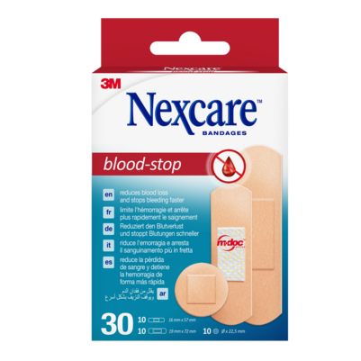 Sie sehen eine Packung Nexcare™ Blood Stop Blutstillende Pflaster, assortiert, 30/Packung, Produktbild: 01 Nexcare™ Blood Stop Blutstillende Pflaster, assortiert, 30/Packung, A-Nr.: 5680637 - 01