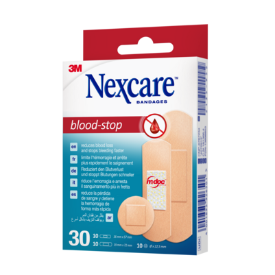 Sie sehen eine Packung Nexcare™ Blood Stop Blutstillende Pflaster, assortiert, 30/Packung, Produktbild: 02 Nexcare™ Blood Stop Blutstillende Pflaster, assortiert, 30/Packung, A-Nr.: 5680637 - 02