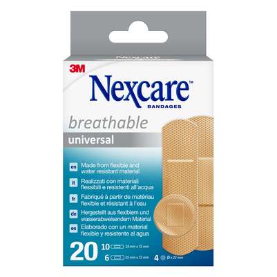 Sie sehen eine Packung Nexcare™ Breathable Universal Pflaster, assortiert, 20/Packung, Produktbild: 01 Nexcare™ Breathable Universal Pflaster, assortiert, 20/Packung, A-Nr.: 5680643 - 01