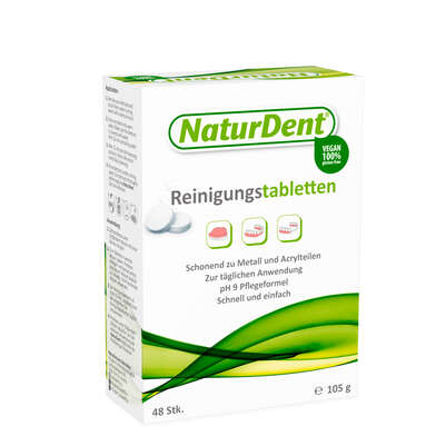 Sie sehen eine Packung NaturDent Reinigungstabletten (48 Stk), Produktbild: 01 NaturDent Reinigungstabletten (48 Stk), A-Nr.: 4275225 - 01