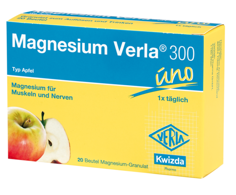Sie sehen eine Packung Magnesium Verla 300 uno Apfel, Produktbild: 01 Magnesium Verla 300 uno Apfel, A-Nr.: 4289888 - 01