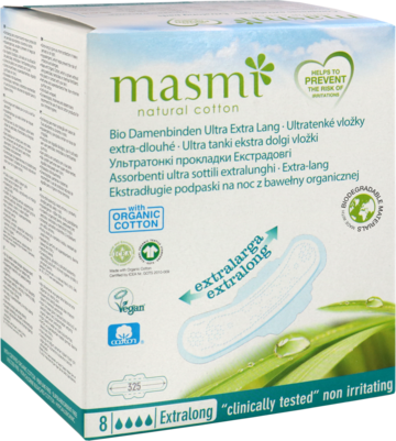 Sie sehen eine Packung Masmi Bio Binden Ultra Extra Lang, Produktbild: 01 Masmi Bio Binden Ultra Extra Lang, A-Nr.: 5373415 - 01