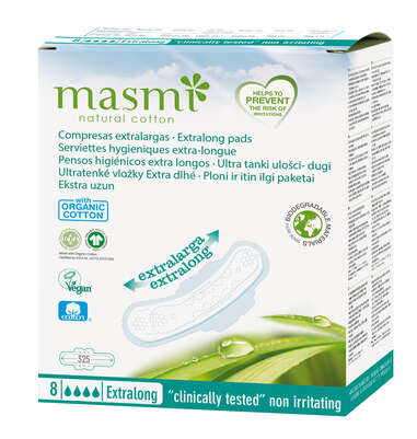 Sie sehen eine Packung Masmi Bio Binden Ultra Extra Lang, Produktbild: 02 Masmi Bio Binden Ultra Extra Lang, A-Nr.: 5373415 - 02
