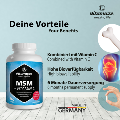 Sie sehen eine Packung Vitamaze MSM hochdosiert +Vit. C, Produktbild: 02 Vitamaze MSM hochdosiert +Vit. C, A-Nr.: 5179311 - 02