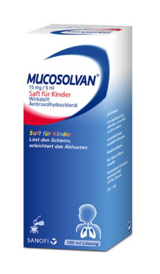Sie sehen eine Packung Mucosolvan® 15 mg / 5 ml - Saft für Kinder, Produktbild: 01 Mucosolvan® 15 mg / 5 ml - Saft für Kinder, A-Nr.: 0727676 - 01