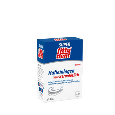 Sie sehen eine Packung fittydent Super Hafteinlagen comfort (20 Stk), Produktbild: 01 fittydent Super Hafteinlagen comfort (20 Stk), A-Nr.: 2162971 - 01