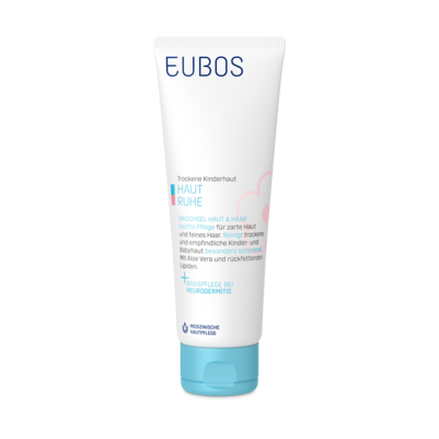 Sie sehen eine Packung Eubos Haut Ruhe Waschgel Haut und Haar 125ml, Produktbild: 01 Eubos Haut Ruhe Waschgel Haut und Haar 125ml, A-Nr.: 3257679 - 01
