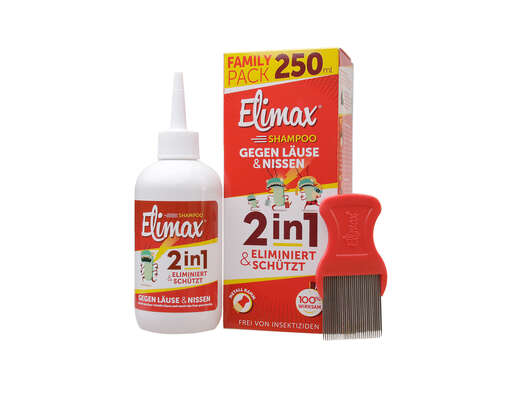 Sie sehen eine Packung Elimax® Shampoo 250 ml, Produktbild: 01 Elimax® Shampoo 250 ml, A-Nr.: 4582281 - 01