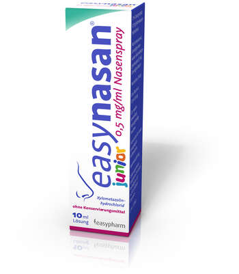 Sie sehen eine Packung easynasan 0,5 mg/ml Nasenspray, Produktbild: 01 easynasan 0,5 mg/ml Nasenspray, A-Nr.: 4474781 - 01