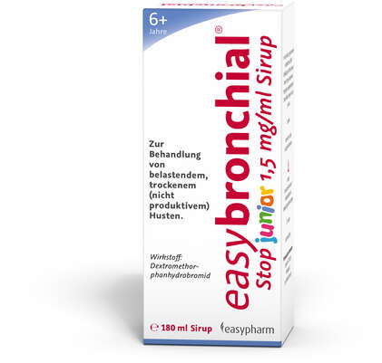 Sie sehen eine Packung easybronchial stop junior 1,5 mg/ml Sirup, Produktbild: 01 easybronchial stop junior 1,5 mg/ml Sirup, A-Nr.: 4450728 - 01