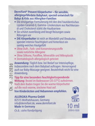 Sie sehen eine Packung Dermifant® Prevent Körperbutter 10 x 10ml, Produktbild: 03 Dermifant® Prevent Körperbutter 10 x 10ml, A-Nr.: 5585985 - 03