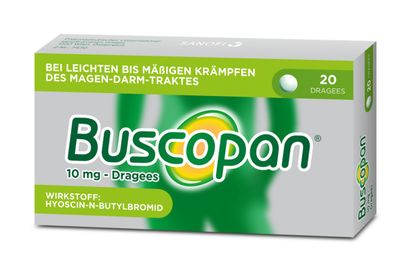 Sie sehen eine Packung Buscopan® 10 mg – Dragees, Produktbild: 01 Buscopan® 10 mg – Dragees, A-Nr.: 3521828 - 01