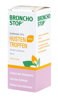 Sie sehen eine Packung Bronchostop Guaifenesin 10% akut Tropfen, Produktbild: 01 Bronchostop Guaifenesin 10% akut Tropfen, A-Nr.: 3916952 - 01