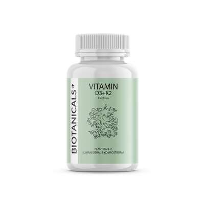 Sie sehen eine Packung Biotanicals Vitamin D3+K2 Kapseln, Produktbild: 01 Biotanicals Vitamin D3+K2 Kapseln, A-Nr.: 5461220 - 01