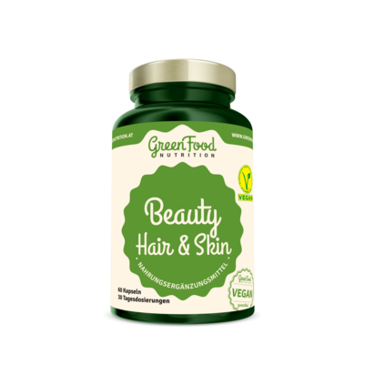 Sie sehen eine Packung GreenFood Nutrition Beauty Hair & Skin 60 Kapseln, Produktbild: 01 GreenFood Nutrition Beauty Hair & Skin 60 Kapseln, A-Nr.: 5634471 - 01