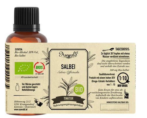 Sie sehen eine Packung Auwald® - Salbei - BIO Tropfen (Auszug, Extrakt, Essenz), Produktbild: 03 Auwald® - Salbei - BIO Tropfen (Auszug, Extrakt, Essenz), A-Nr.: 5680169 - 03