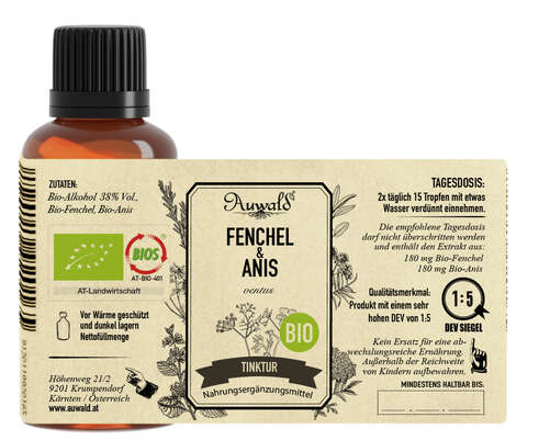 Sie sehen eine Packung Auwald® - Fenchel & Anis BIO Tropfen (Auszug, Extrakt, Essenz), Produktbild: 03 Auwald® - Fenchel & Anis BIO Tropfen (Auszug, Extrakt, Essenz), A-Nr.: 5679901 - 03