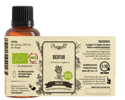 Sie sehen eine Packung Auwald® - Beifuss BIO Tropfen (Auszug, Extrakt, Essenz), Produktbild: 04 Auwald® - Beifuss BIO Tropfen (Auszug, Extrakt, Essenz), A-Nr.: 5709588 - 04