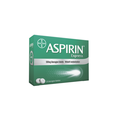 Sie sehen eine Packung Aspirin® Express 500 mg überzogene Tablette, Produktbild: 01 Aspirin® Express 500 mg überzogene Tablette, A-Nr.: 4208200 - 01