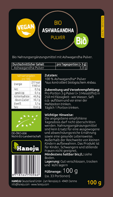 Sie sehen eine Packung Bio Ashwagandha Pulver Hanoju, Produktbild: 02 Bio Ashwagandha Pulver Hanoju, A-Nr.: 4384730 - 02