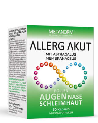 Sie sehen eine Packung ALLERG AKUT Kapseln METANORM®, Produktbild: 01 ALLERG AKUT Kapseln METANORM®, A-Nr.: 5268428 - 01