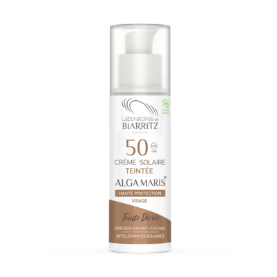 Sie sehen eine Packung Alga Maris getönte Sonnencreme bio für Gesicht LSF 50 golden LdB, Produktbild: 01 Alga Maris getönte Sonnencreme bio für Gesicht LSF 50 golden LdB, A-Nr.: 4630838 - 01