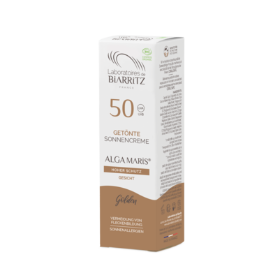 Sie sehen eine Packung Alga Maris getönte Sonnencreme bio für Gesicht LSF 50 golden LdB, Produktbild: 03 Alga Maris getönte Sonnencreme bio für Gesicht LSF 50 golden LdB, A-Nr.: 4630838 - 03