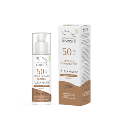 Sie sehen eine Packung Alga Maris getönte Sonnencreme bio für Gesicht LSF 50 golden LdB, Produktbild: 04 Alga Maris getönte Sonnencreme bio für Gesicht LSF 50 golden LdB, A-Nr.: 4630838 - 04