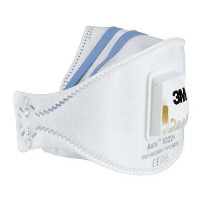 Sie sehen eine Packung 3M™ Aura™ Maske für Hand- und Maschinenschleifen 9322+, FFP2, mit Ventil, 2 pro Packung, Produktbild: 03 3M™ Aura™ Maske für Hand- und Maschinenschleifen 9322+, FFP2, mit Ventil, 2 pro Packung, A-Nr.: 5646882 - 03