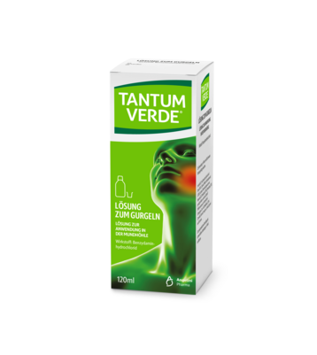 Sie sehen eine Packung Tantum Verde® Lösung zum Gurgeln, Produktbild: 01 Tantum Verde® Lösung zum Gurgeln, A-Nr.: 3776959 - 01