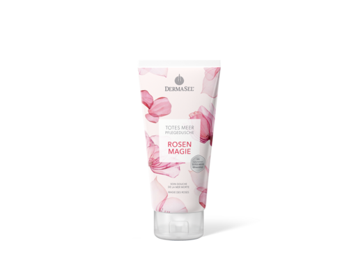 Sie sehen eine Packung DermaSel® Totes Meer Pflegedusche Rosen Magie, Produktbild: 01 DermaSel® Totes Meer Pflegedusche Rosen Magie, A-Nr.: 5705834 - 01