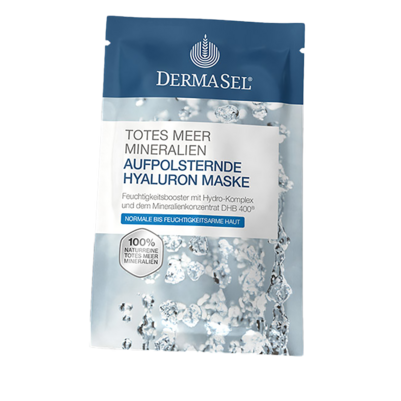 Sie sehen eine Packung DermaSel® Totes Meer Mineralien Aufpolsternde Hyaluron Maske, Produktbild: 01 DermaSel® Totes Meer Mineralien Aufpolsternde Hyaluron Maske, A-Nr.: 3471912 - 01